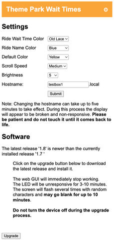 The on-device configuration web page with dropdowns for colors, scroll speed, brightness, and parks